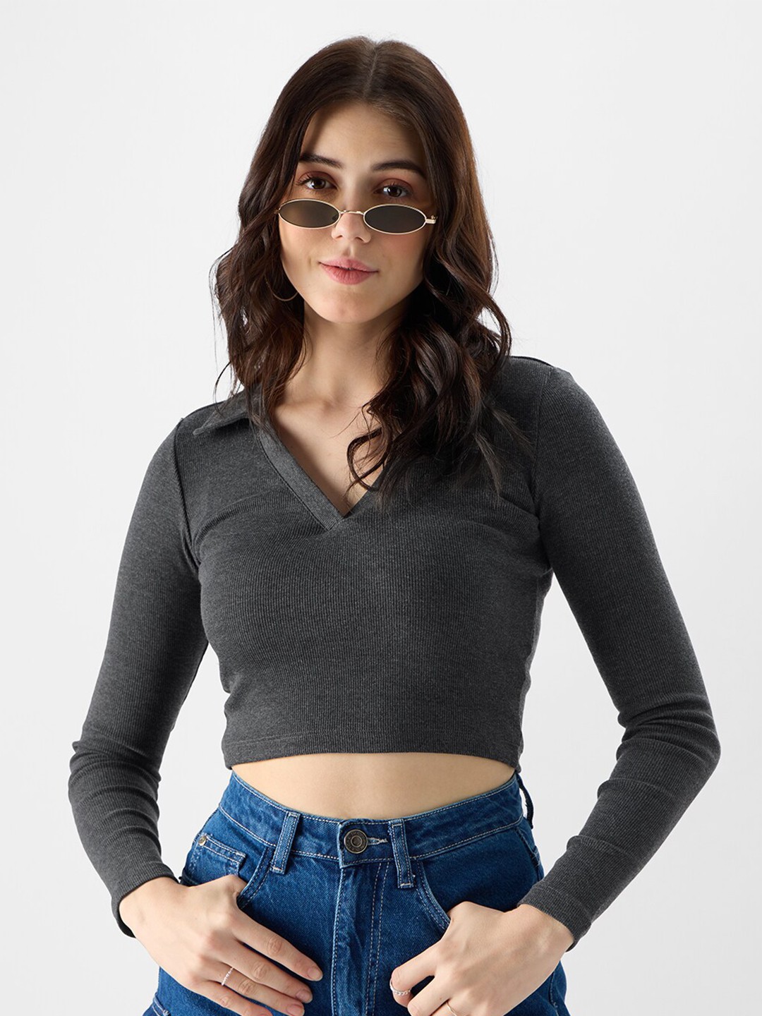 

The Souled Store Charcoal Polo Collar Long Sleeves Slim Fit Crop T-shirt
