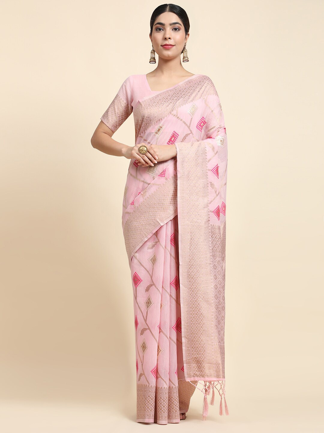 

JUST FASHION Woven Design Zari Saree, Pink