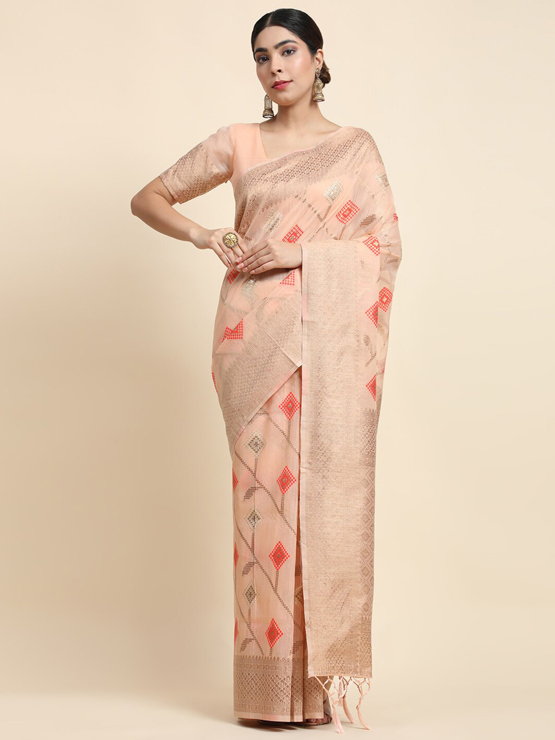 

JUST FASHION Ethnic Motif Woven Design Zari Banarasi Saree, Peach