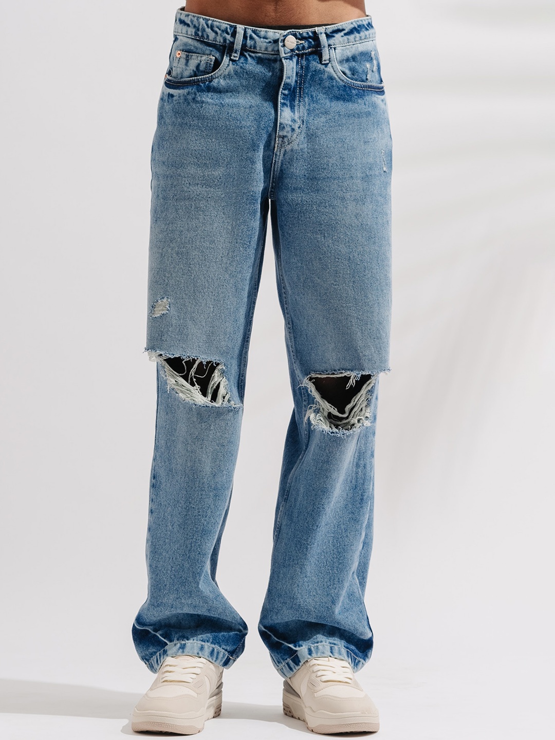 

FREAKINS Men Straight Fit Mildly Distressed High-Rise Pure Cotton Jeans, Blue