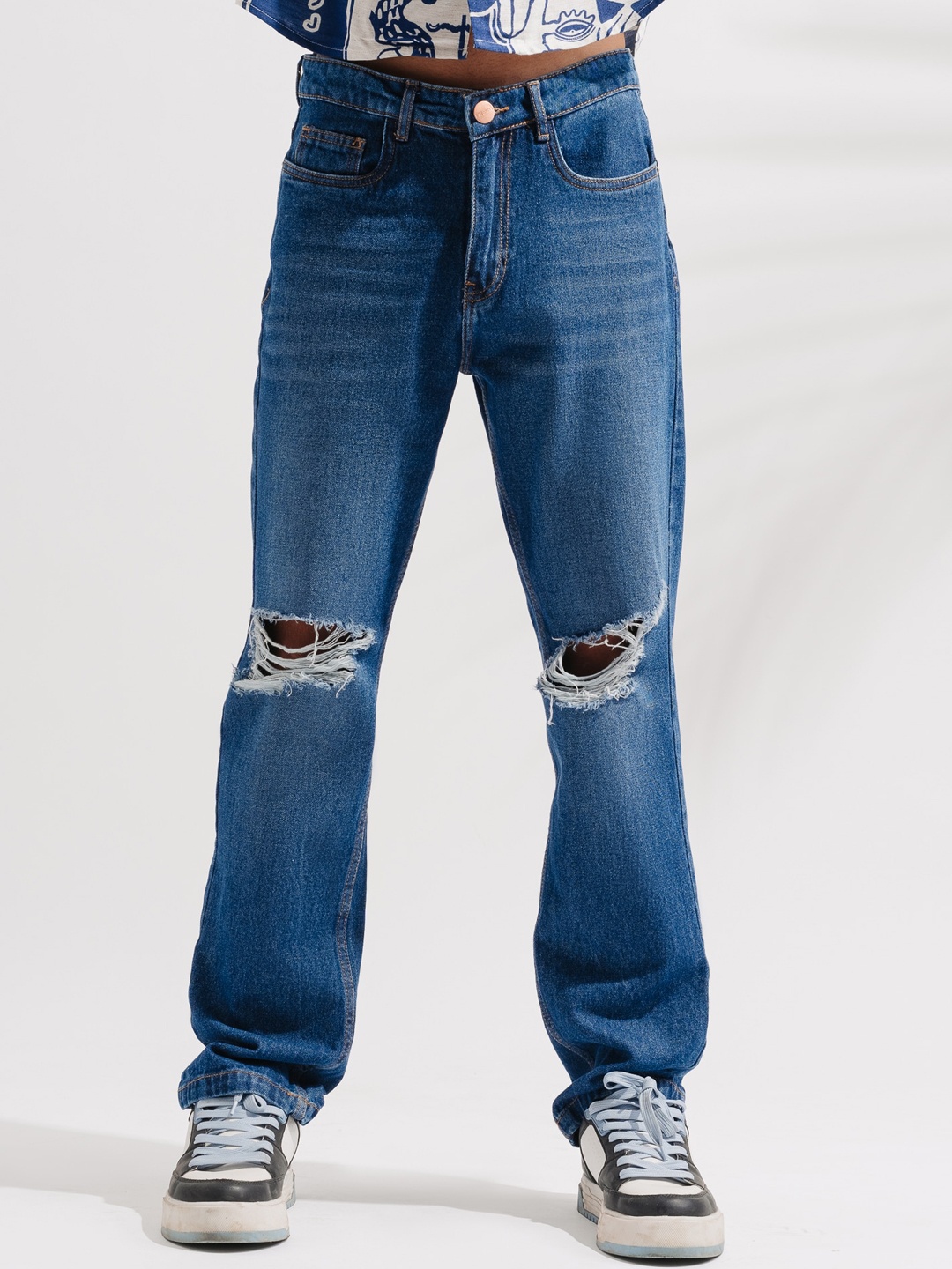 

FREAKINS Men Cotton Ripped Mildly Distressed Wide Leg High-Rise Jeans, Blue