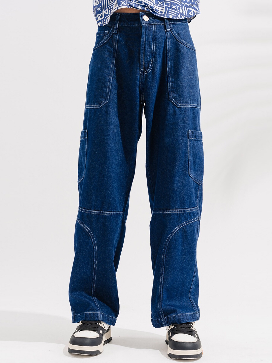 

FREAKINS Men Straight Fit Clean Look High-Rise Pure Cotton Cargo Jeans, Blue
