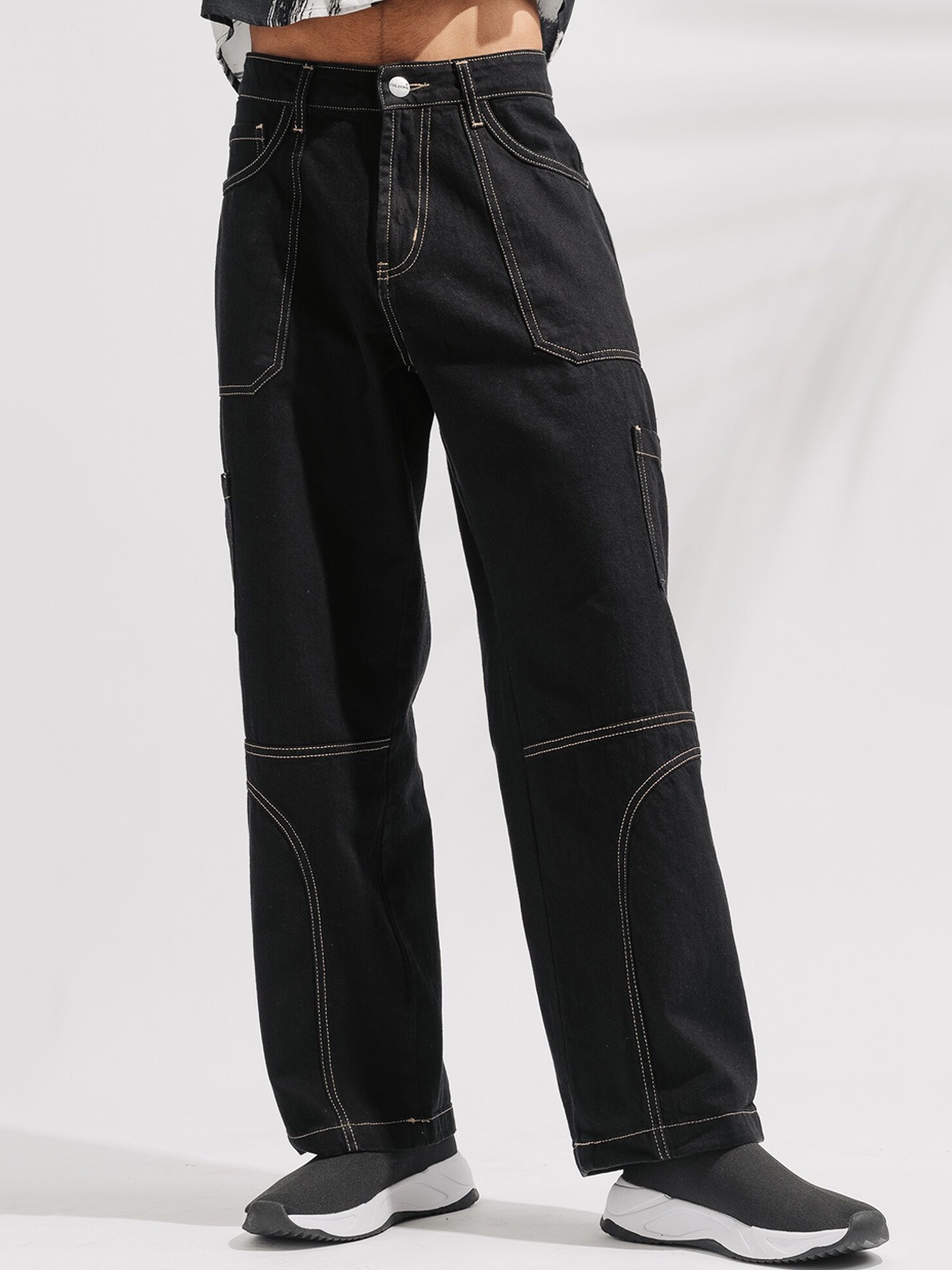

FREAKINS Men Straight Fit Clean Look High-Rise Pure Cotton Cargo Jeans, Black