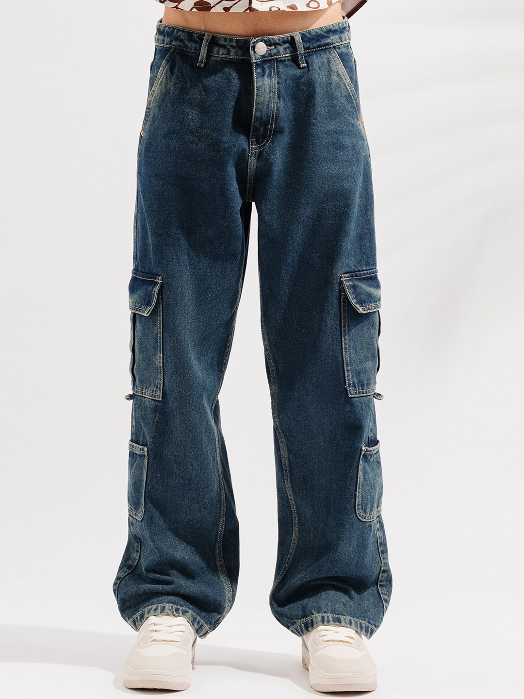 

FREAKINS Men Cotton Clean Look Straight Fit High-Rise Cargo Jeans, Blue