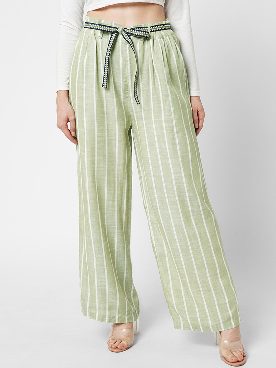 

ONLY Women Striped High-Rise Parallel Trousers, Green