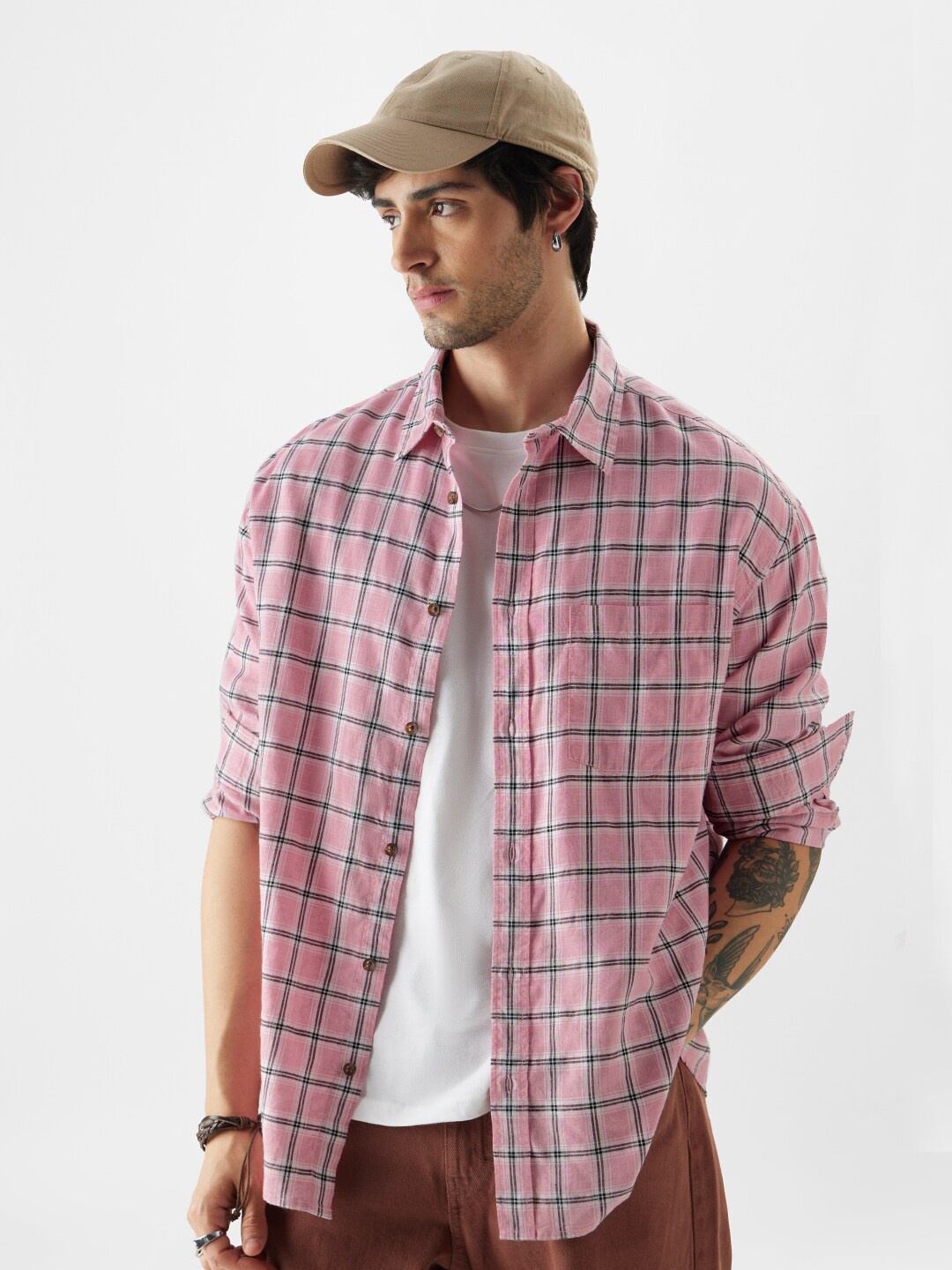 

The Souled Store Tartan Check Spread Collar Long Sleeve Cotton Oversized Casual Shirt, Pink