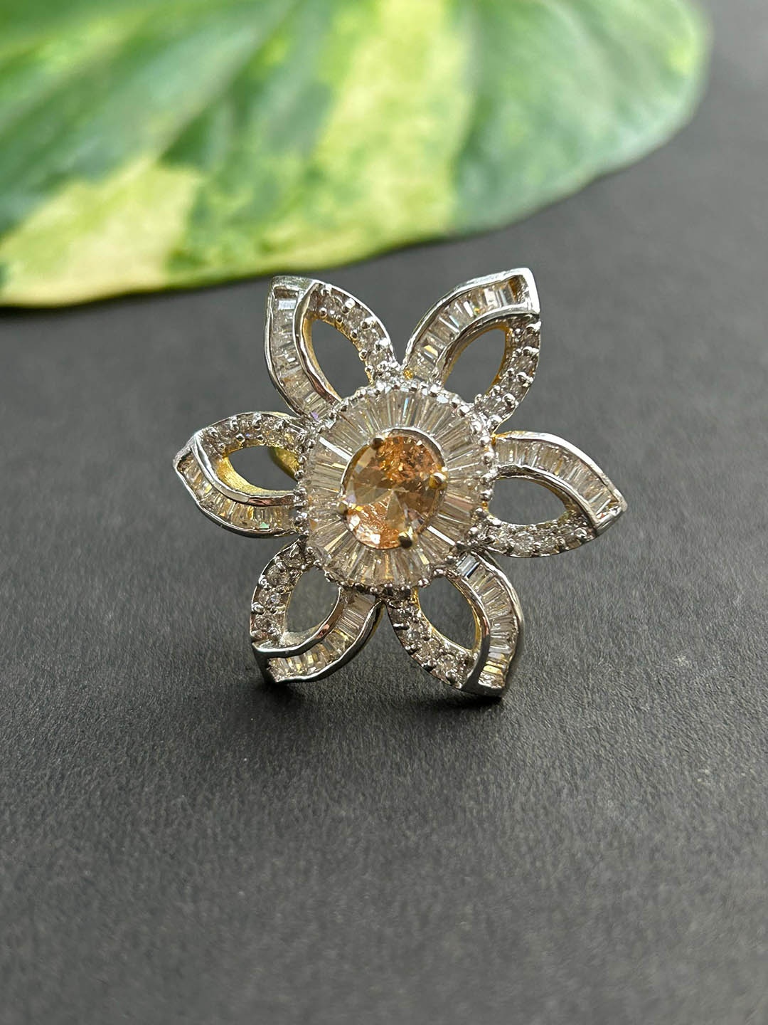 

FIROZA Gold-Plated American Diamond Studded Flower Finger Ring