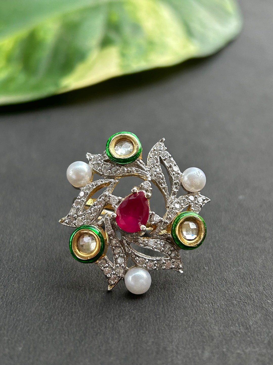 

FIROZA Gold-Plated American Diamond And Kundan Adjustable Finger Ring