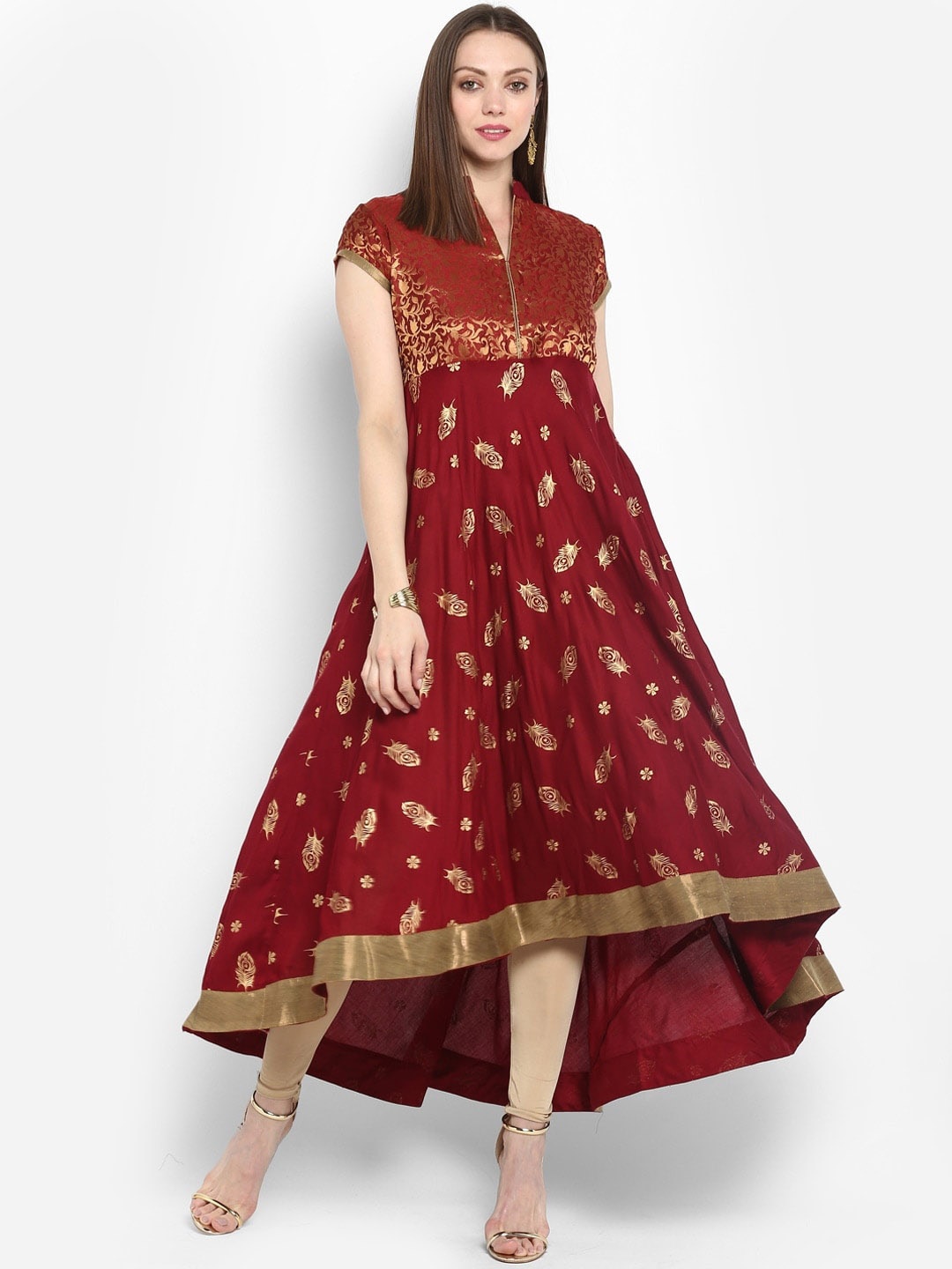 

KALINI Ethnic Motifs Printed Mandarin Collar Zari Detail Anarkali Kurta, Maroon