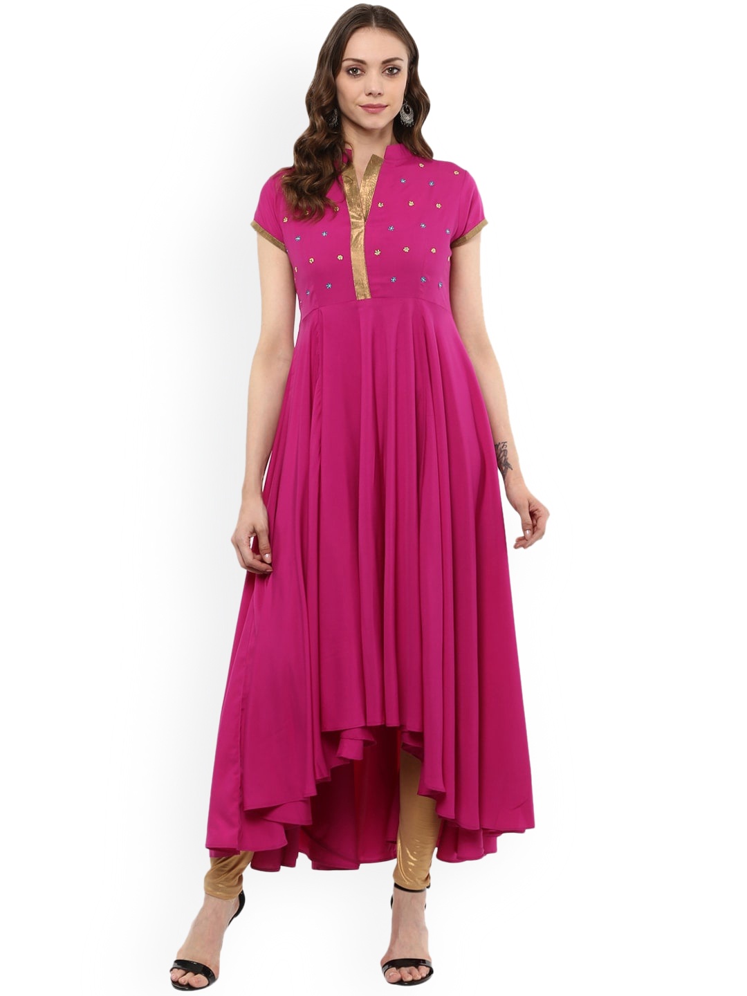 

KALINI Floral Embroidered Mandarin Collar Thread Work A-Line Kurta, Magenta