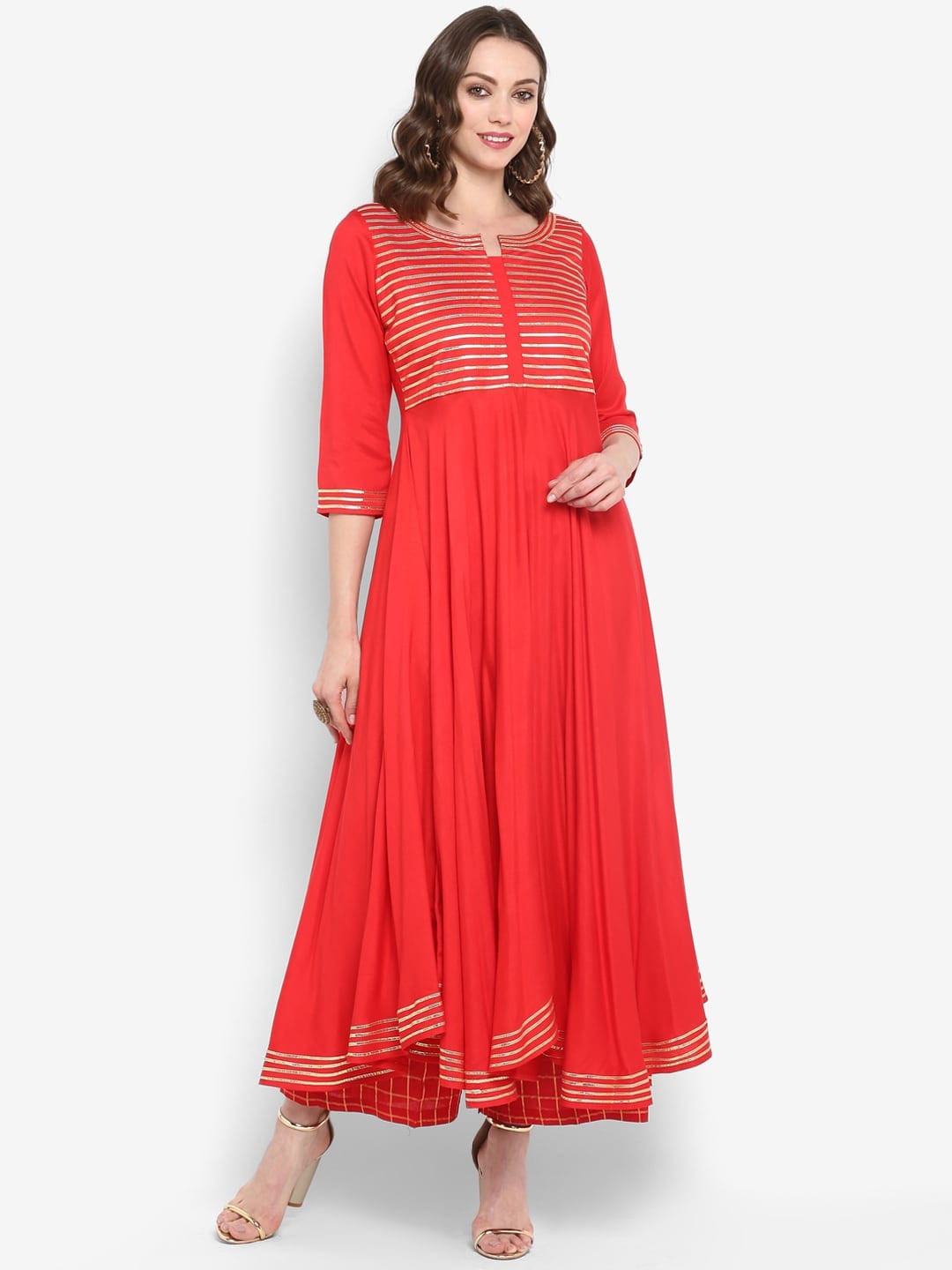 

KALINI Striped Round Neck Gotta Patti Cotton Anarkali Kurta, Red