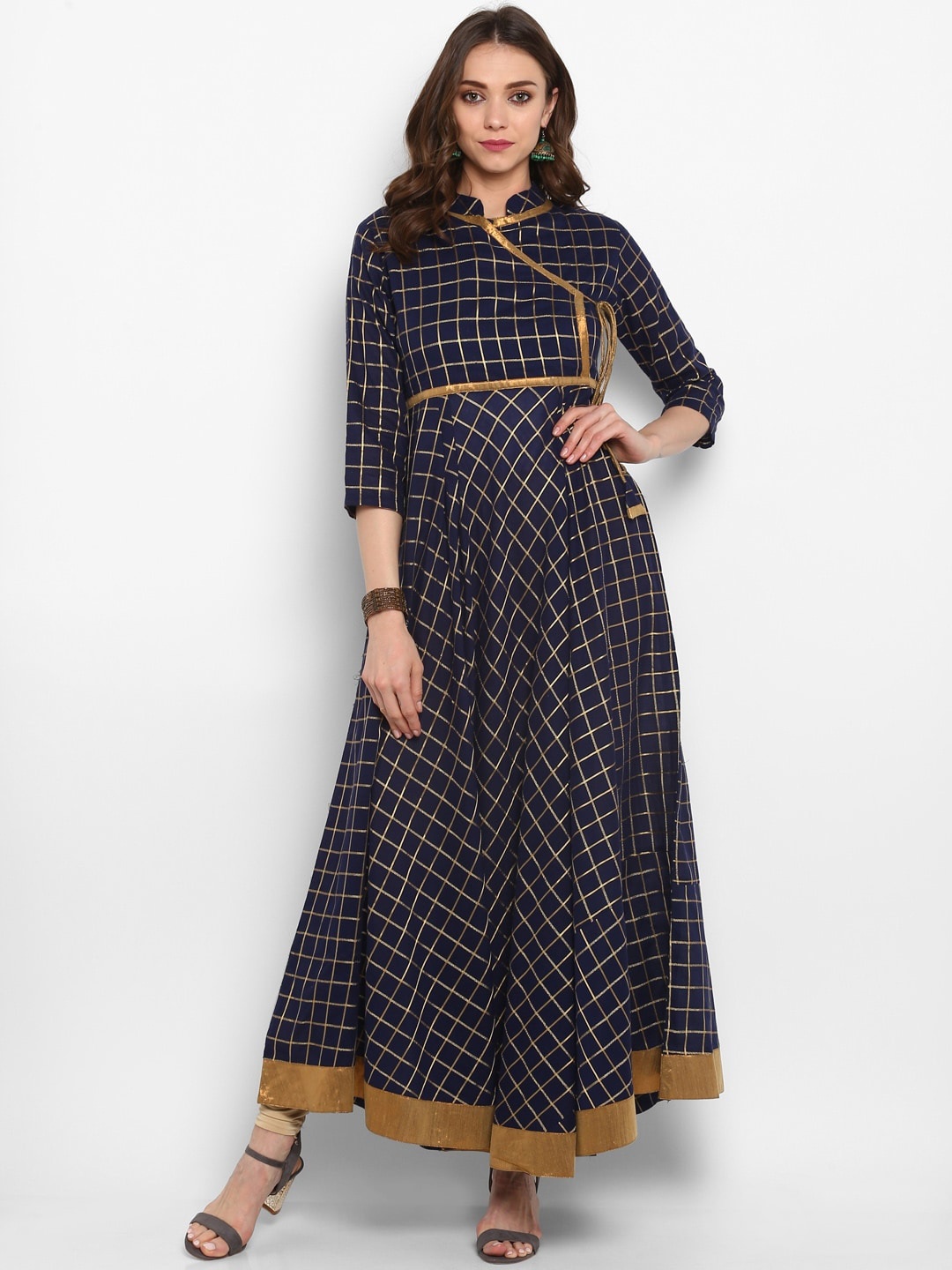 

KALINI Checked Mandarin Collar Cotton Angrakha Kurta, Navy blue
