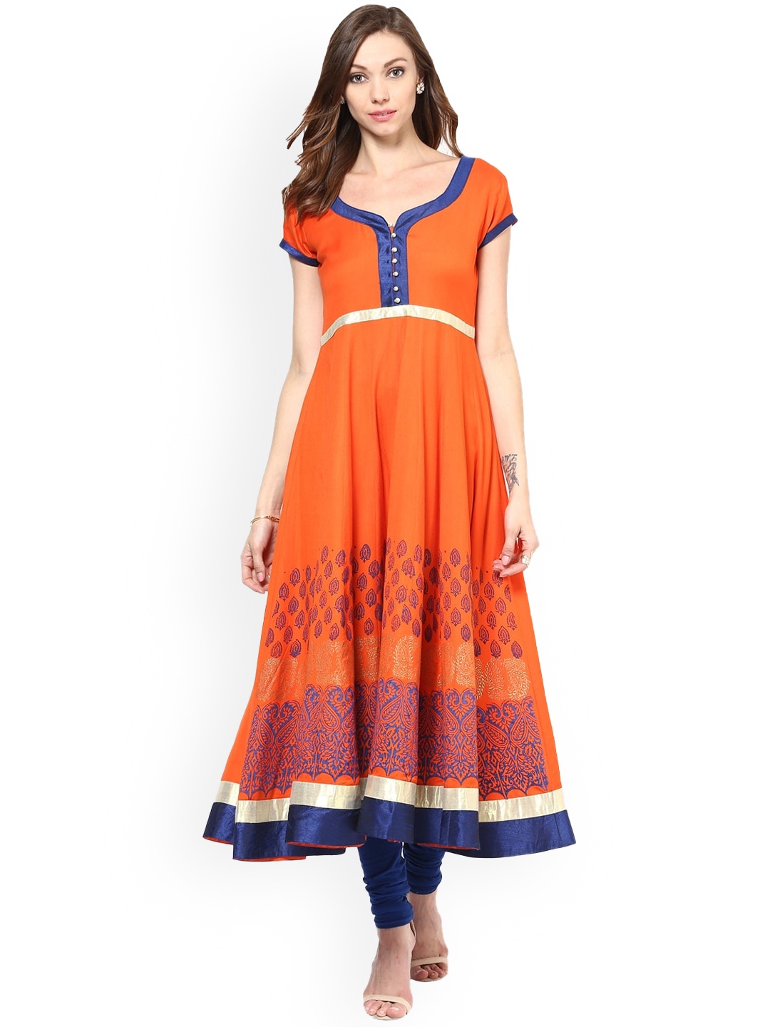 

KALINI Ethnic Motifs Printed Cotton Anarkali Kurta, Orange