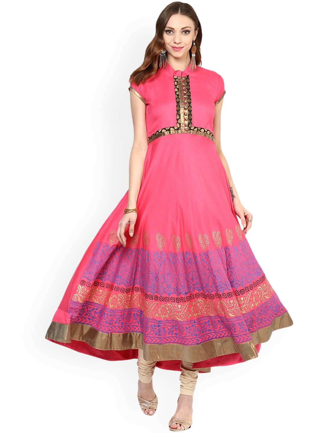 

KALINI Ethnic Motifs Printed Mandarin Collar Cotton Anarkali Kurta, Pink