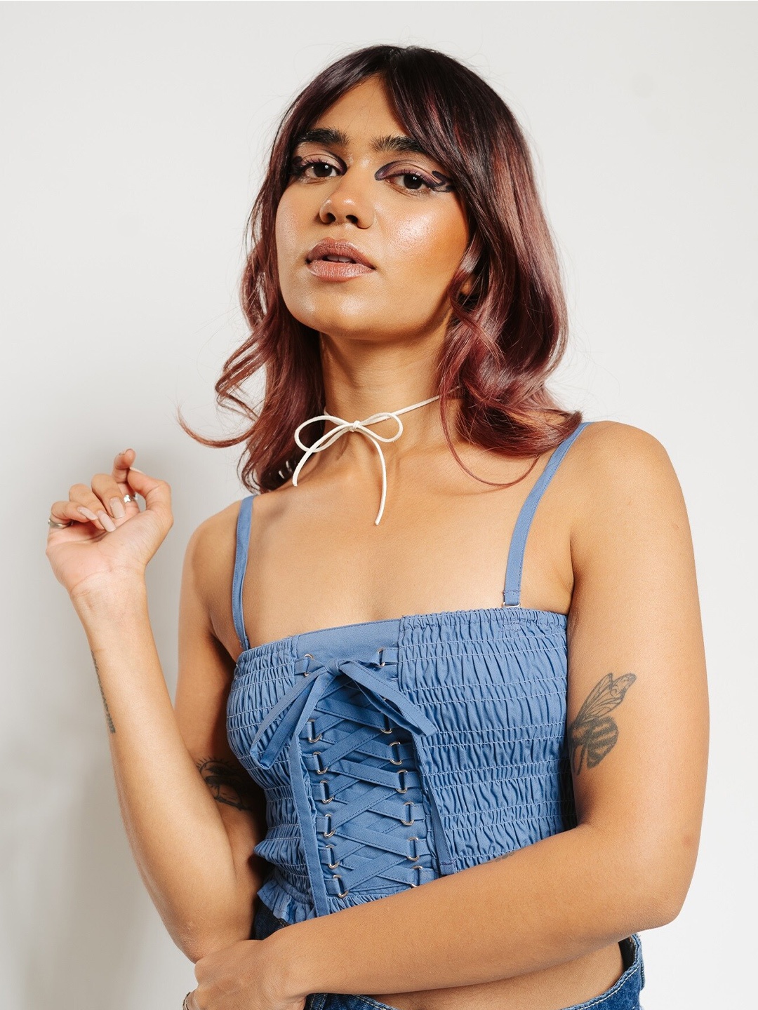 

FREAKINS Smocked Tie Ups Pure Cotton Fitted Crop Top, Blue