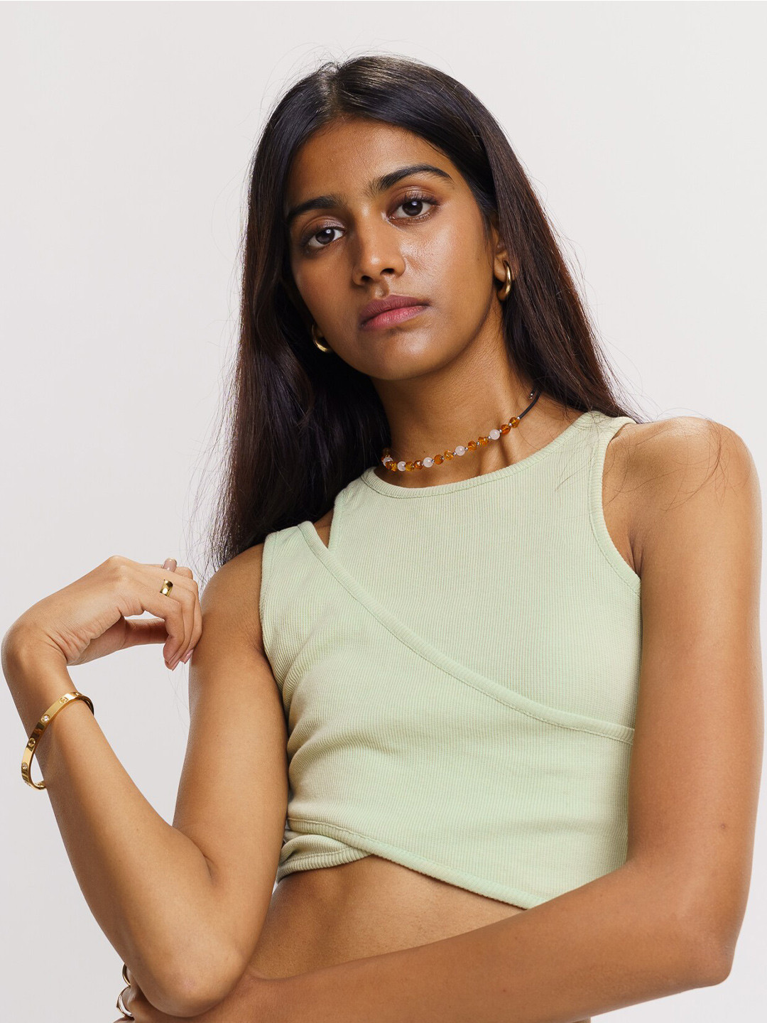 

FREAKINS Ribbed Cut-Out Detail Overlap Ribbed Cotton Tank Crop Top, Sea green