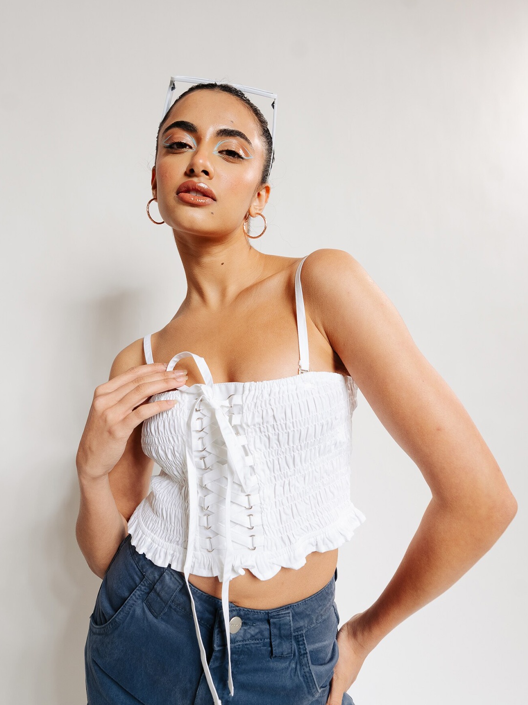 

FREAKINS Sleeveless Smocked Cotton Crop Top, White