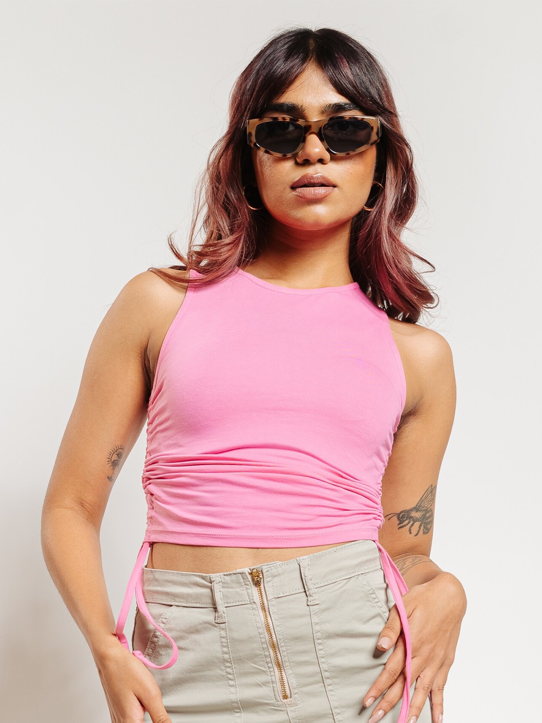 

FREAKINS Ruched Sleeveless Cotton Lycra Crop Tank Top, Pink