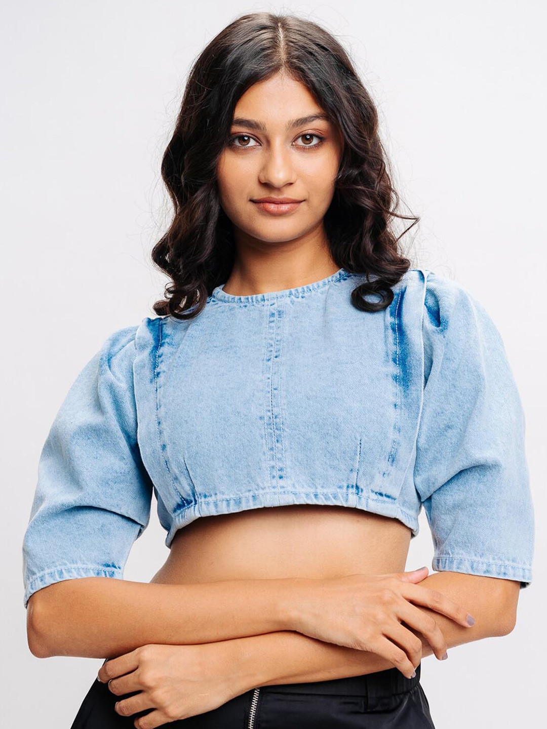 

FREAKINS Puff Sleeves Pure Cotton Denim Crop Top, Blue