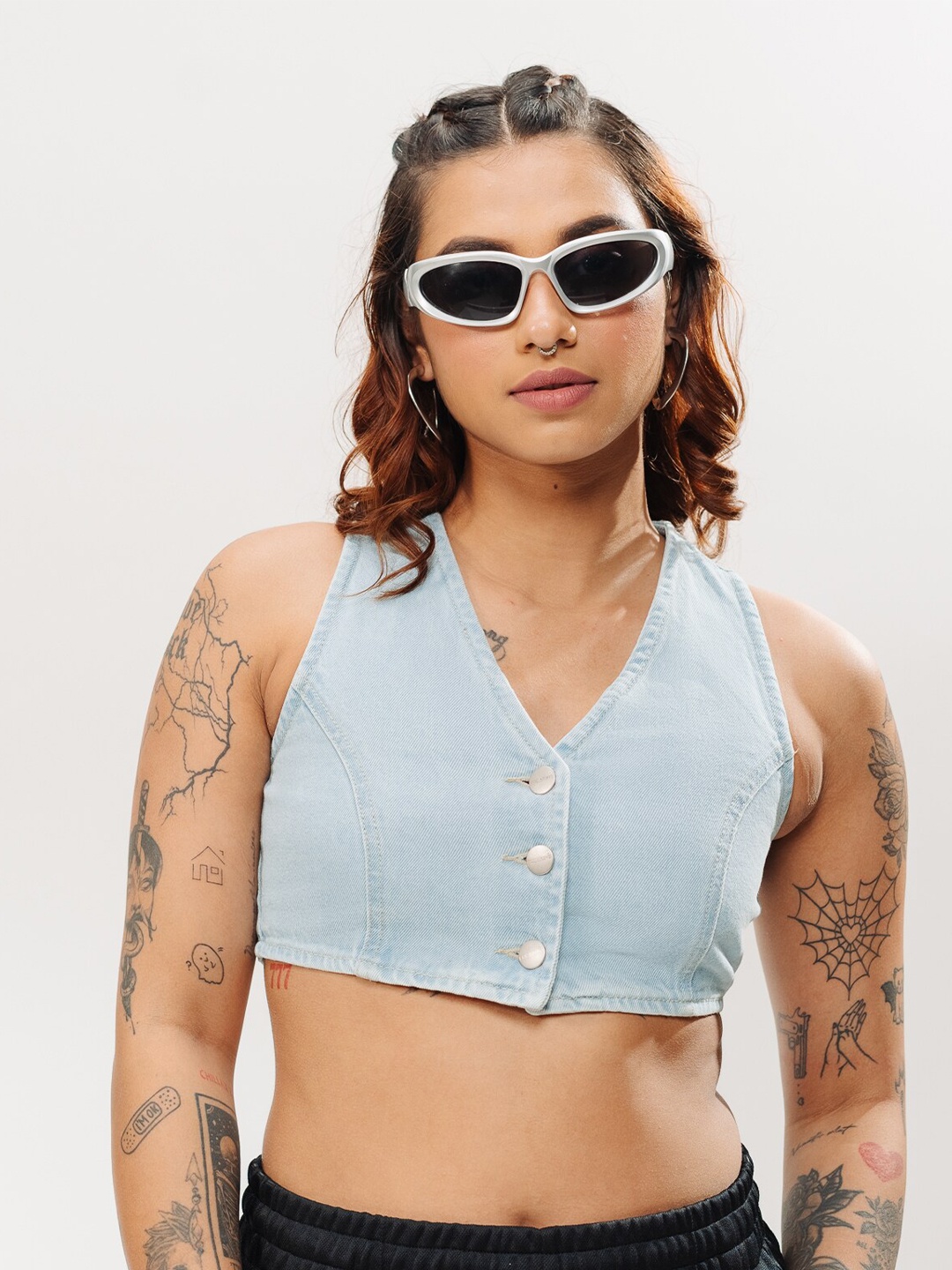 

FREAKINS Pure Cotton Fitted Crop Top, Blue