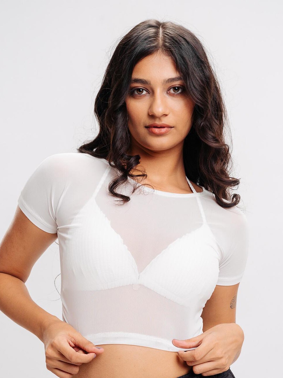 

FREAKINS Round Neck Sheer Crop Top, White