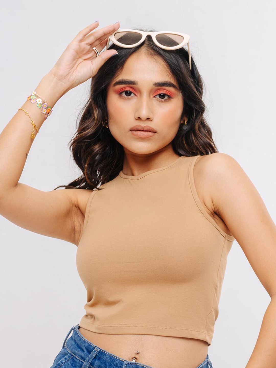 

FREAKINS Sleeveless Crop Top, Beige