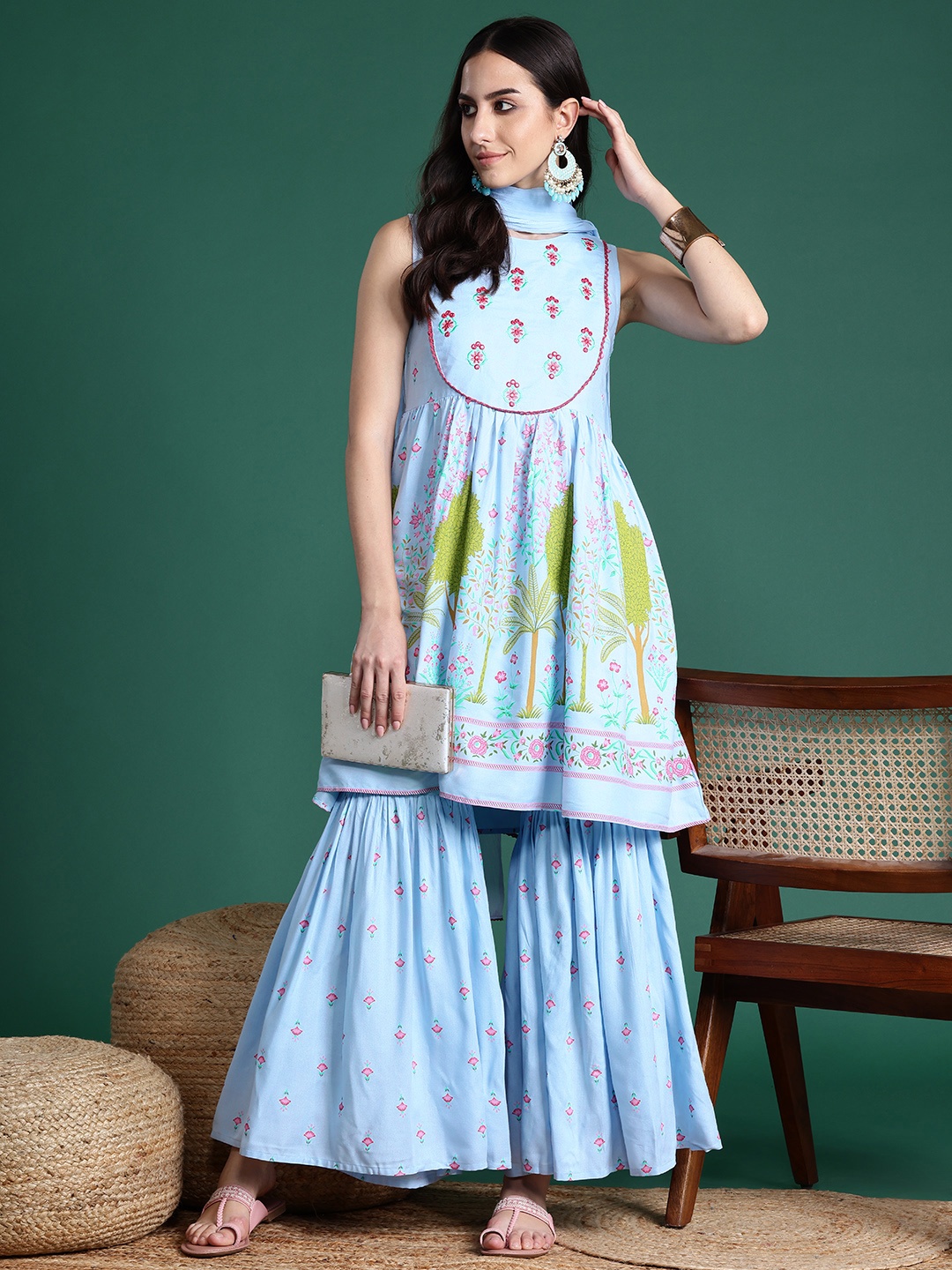 

Sangria Printed Mirror Work Kurta with Sharara & Dupatta, Blue