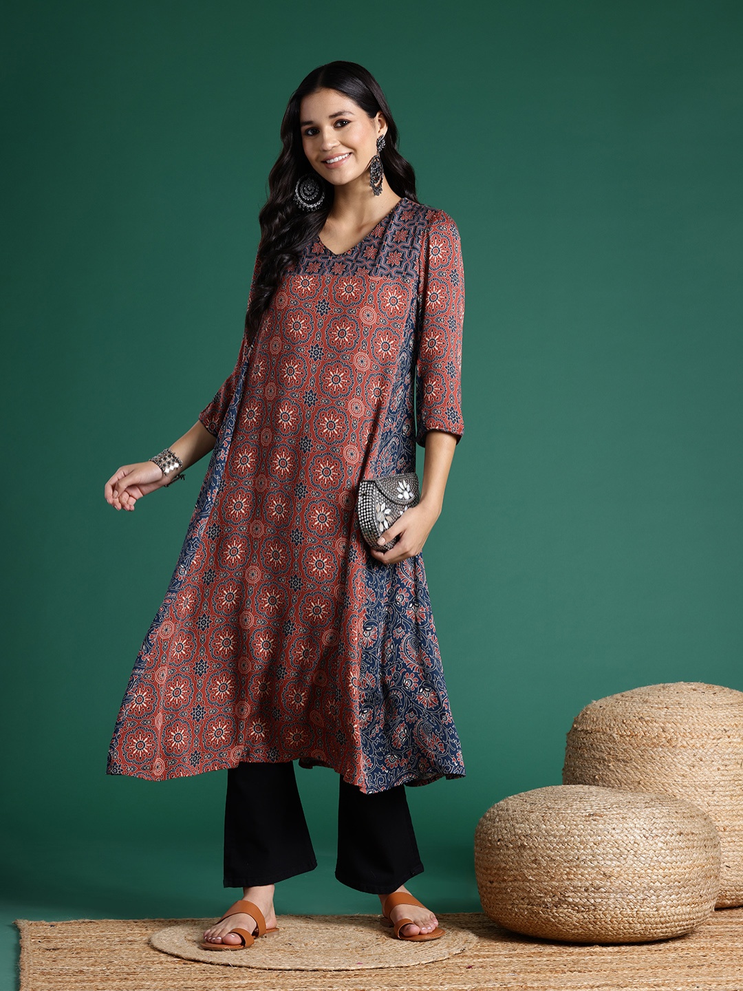 

Sangria Ethnic Printed A-Line Kurta, Rust