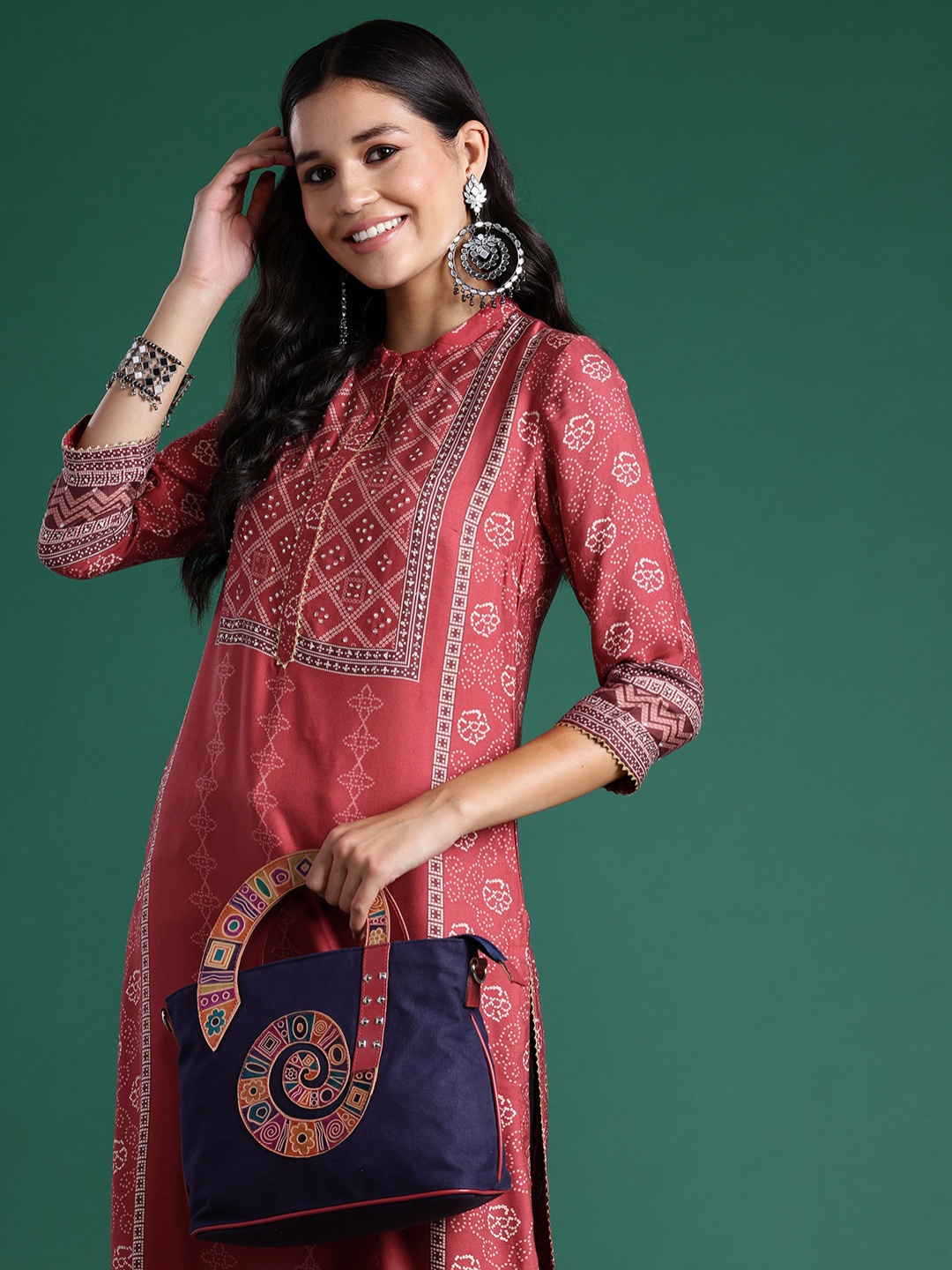 

Sangria Bandhani Printed Gotta Patti Detailed Mandarin Collar Kurta, Rust