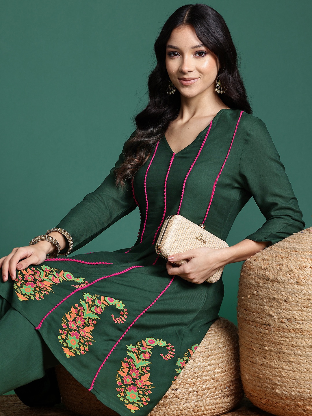 

Sangria Printed Panelled Crochet Inserts Kurta with Salwar, Green