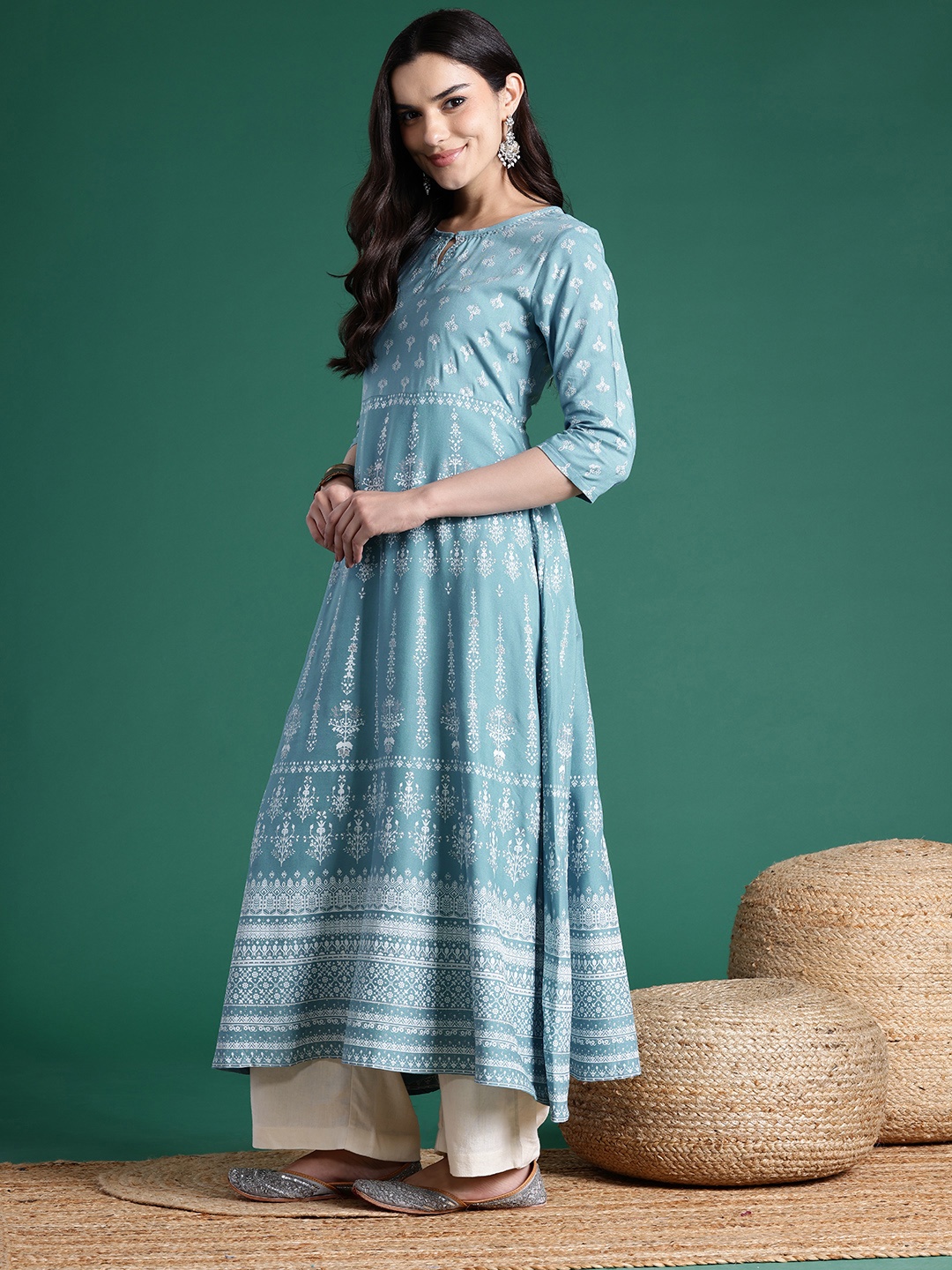 

Sangria Ethnic Motifs Printed Keyhole Neck A-Line Kurta, Blue