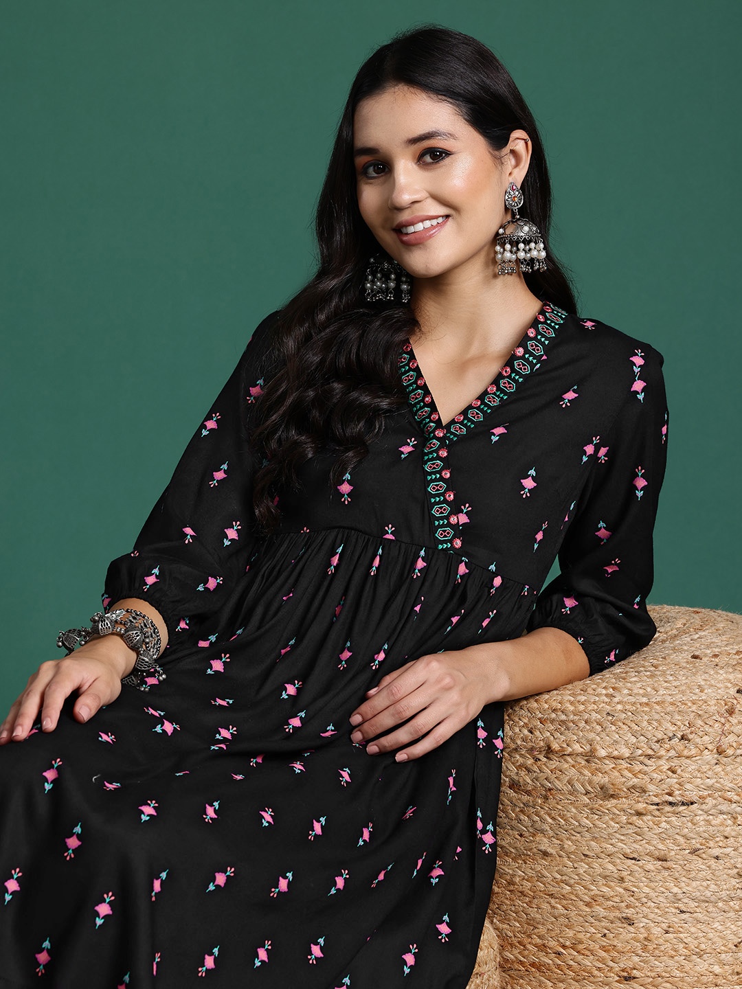 

Sangria Floral Print Mirror Work Angrakha Kurta, Black