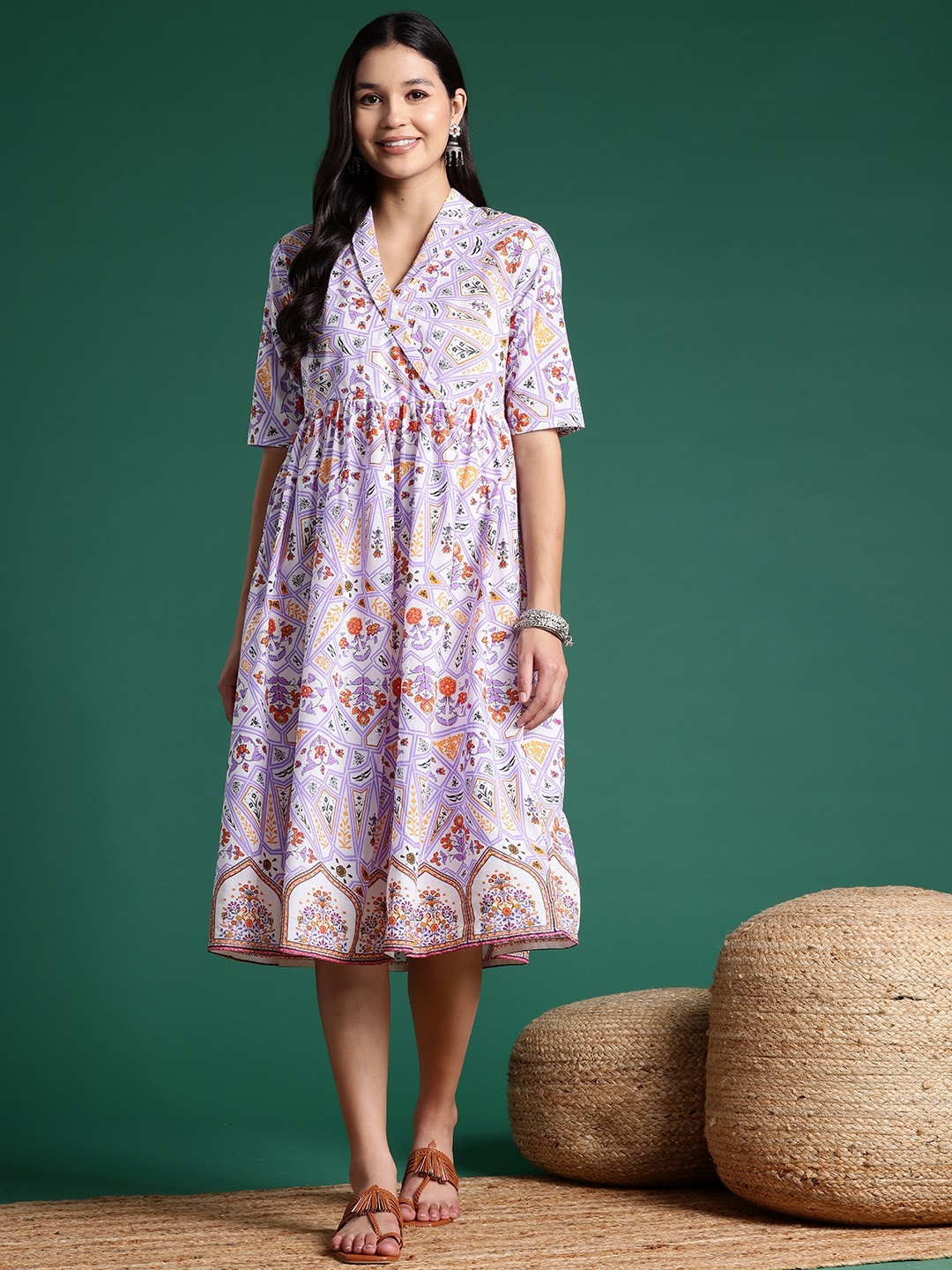 

Sangria Pure Cotton Floral Print Ethnic Wrap Dress, Lavender