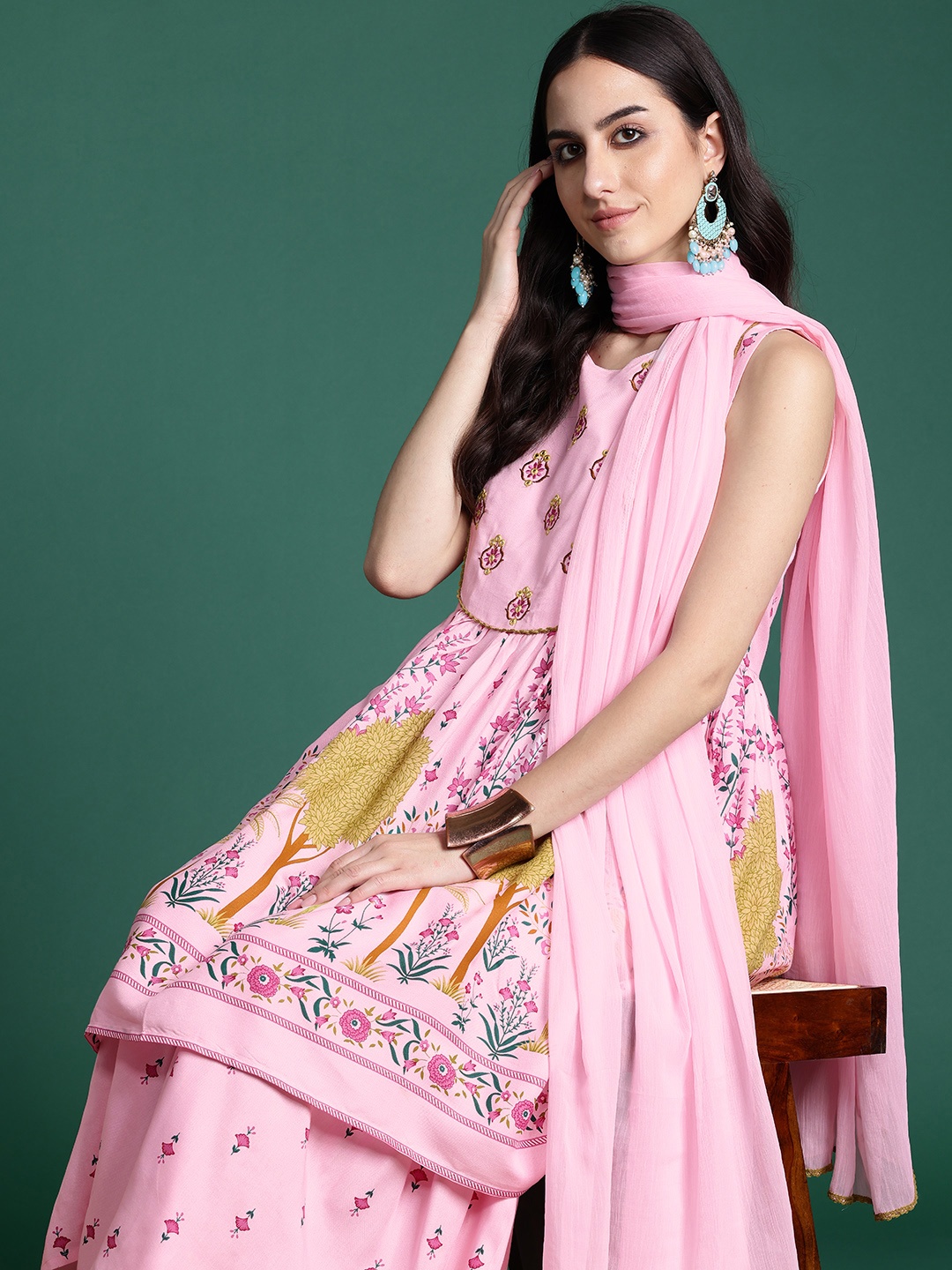 

Sangria Printed Mirror Work Kurta with Sharara & Dupatta, Pink