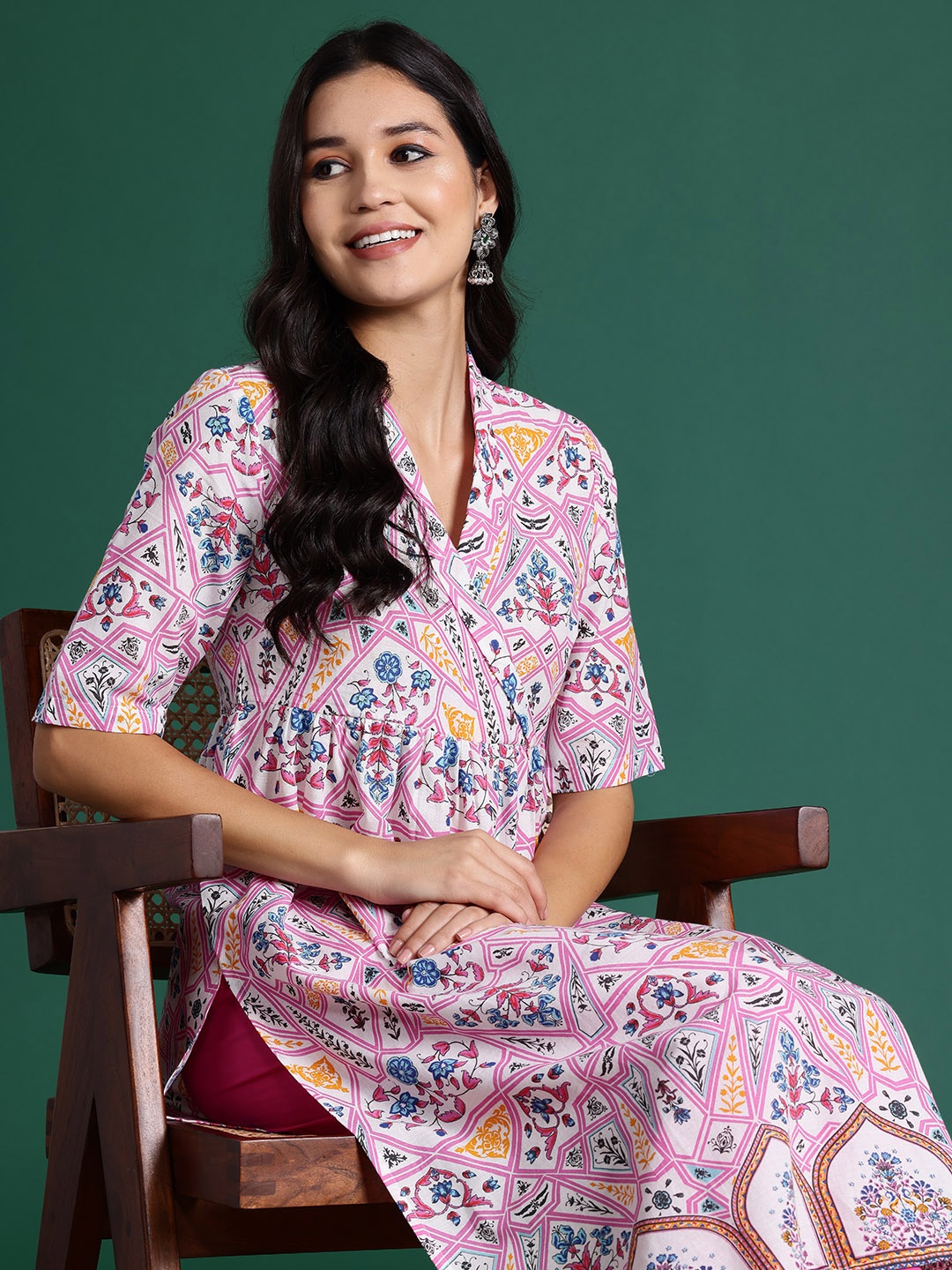 

Sangria Ethnic Printed Shawl Collar Pure Cotton Kurta Set, Pink