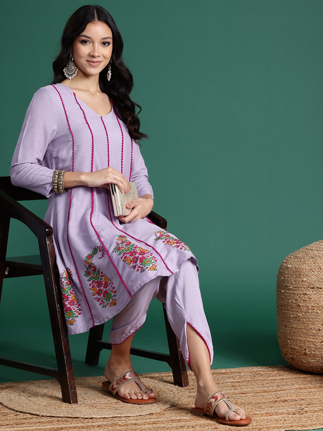 

Sangria Printed Panelled Crochet Inserts Kurta with Salwar, Lavender