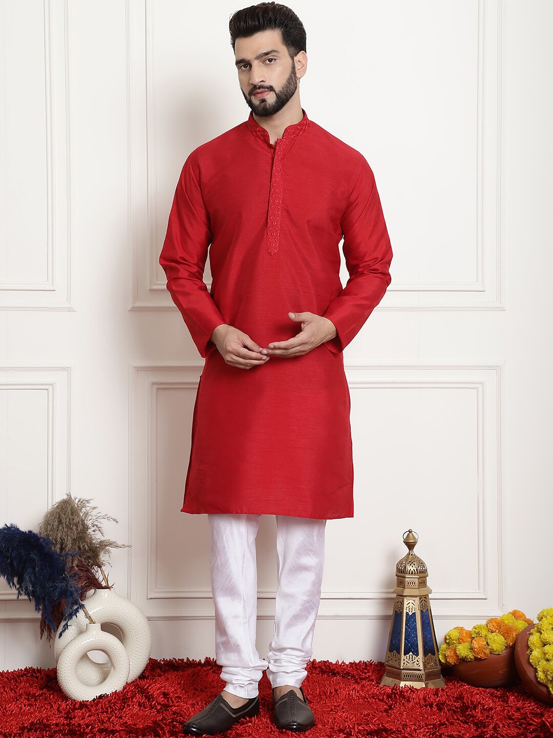 

Armaan Ethnic Mandarin Collar Thread Work Detail Pure Silk Straight Kurta with Churidar, Red