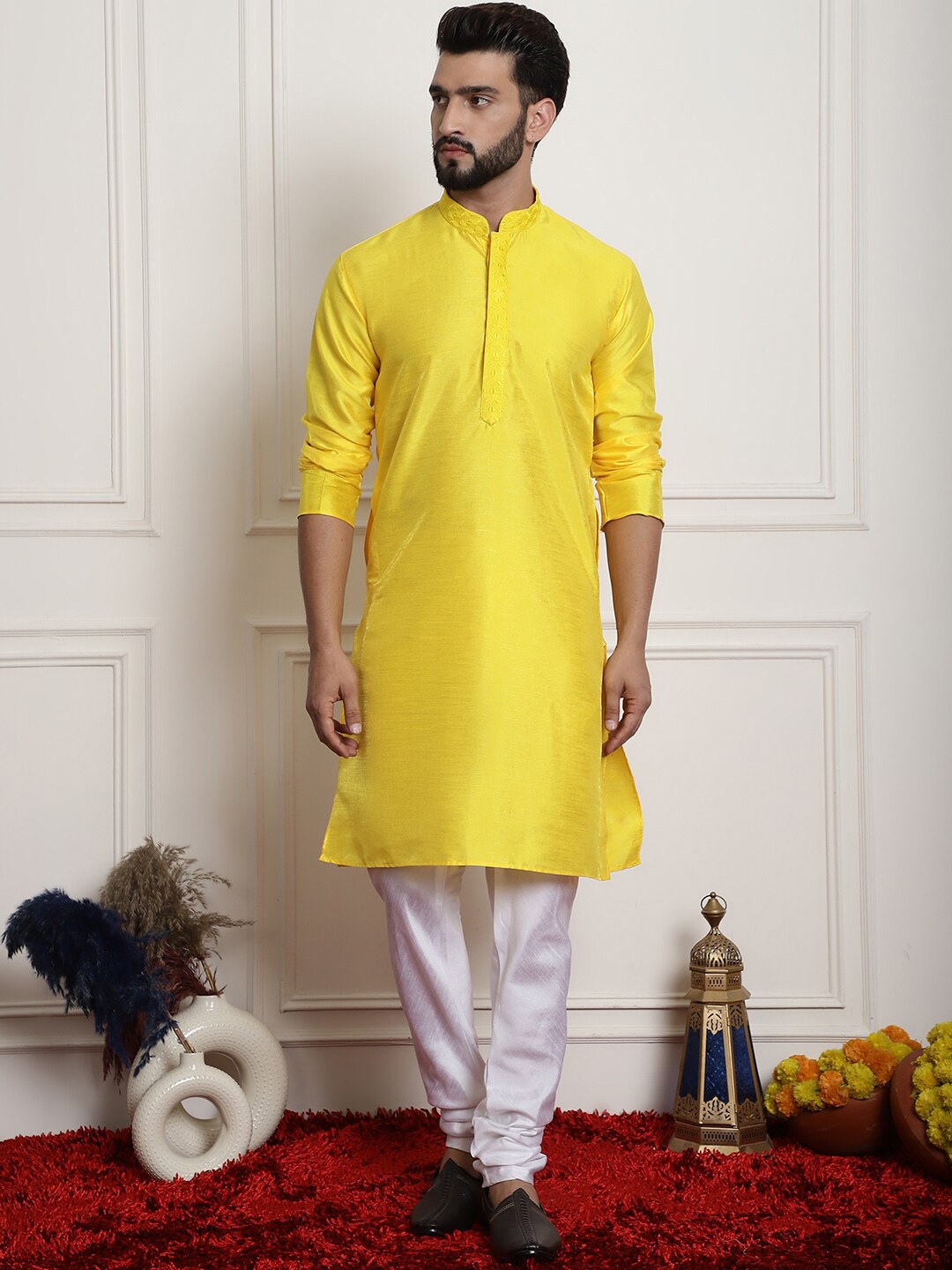 

Armaan Ethnic Mandarin Collar Pure Silk Regular Kurta with Churidar, Yellow