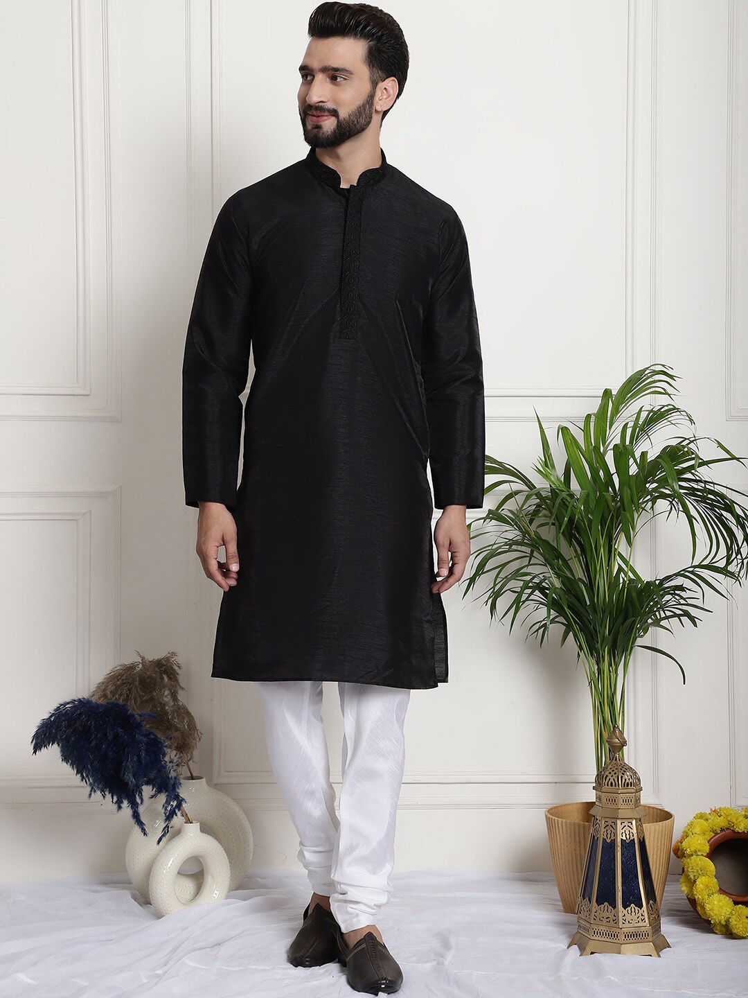 

Armaan Ethnic Mandarin Collar Long Sleeve Pure Silk Kurta With Churidar, Black