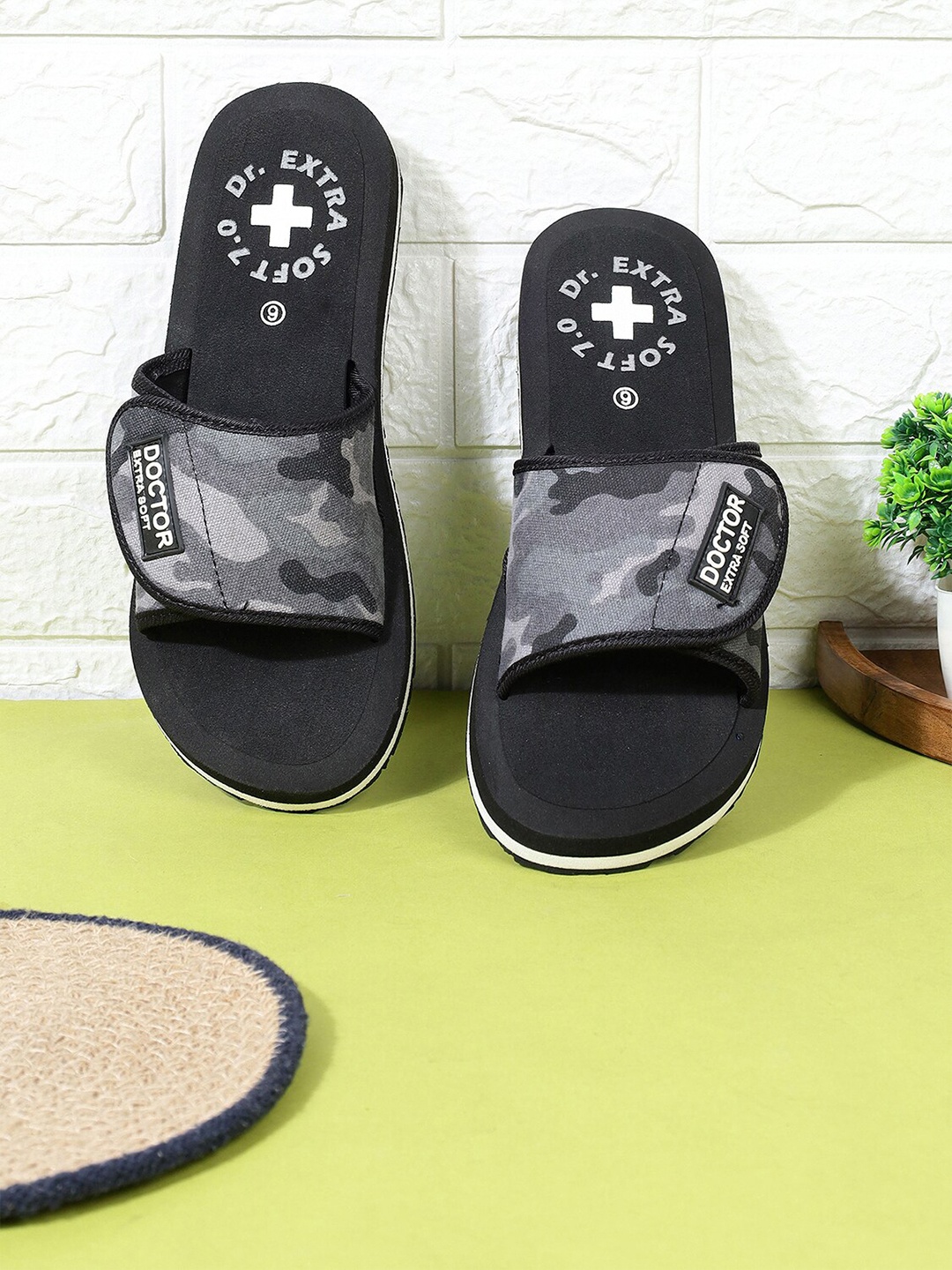 

DOCTOR EXTRA SOFT Women Orthopedic Camouflage Printed Sliders With Velcro Strap, Black