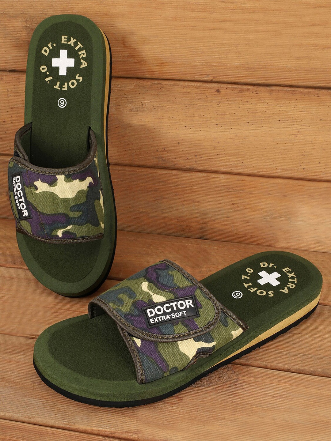 

DOCTOR EXTRA SOFT Women Printed Orthopedic Non-Slip Adjustable Velcro Sliders, Olive