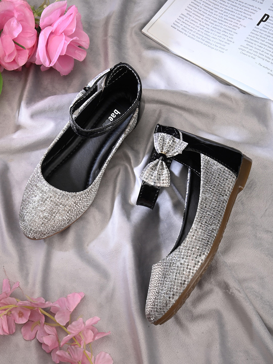 

BAESD Girls Embellished Bow Detail Ballerinas, Silver