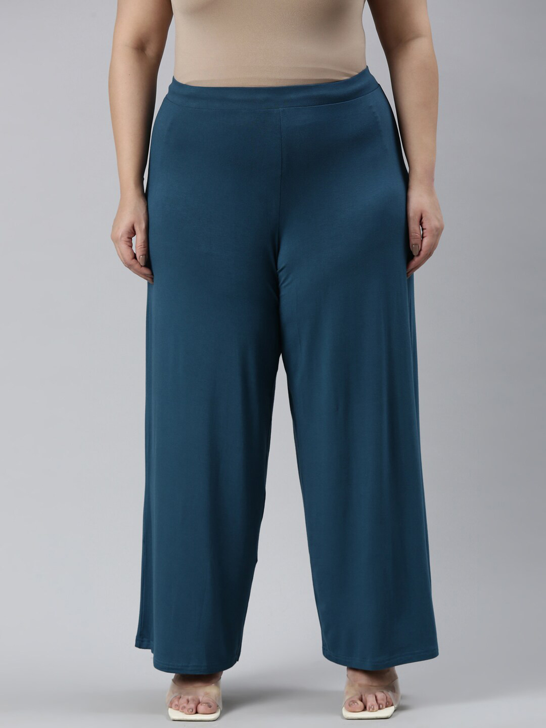 

Go Colors Plus Size Mid-Rise Flared Knitted Palazzos, Navy blue