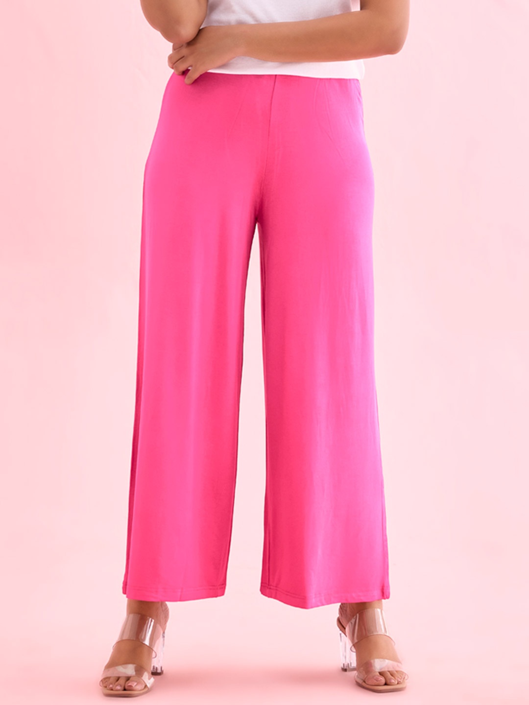 

Go Colors Plus Size Mid-Rise Flared Knitted Palazzos, Pink