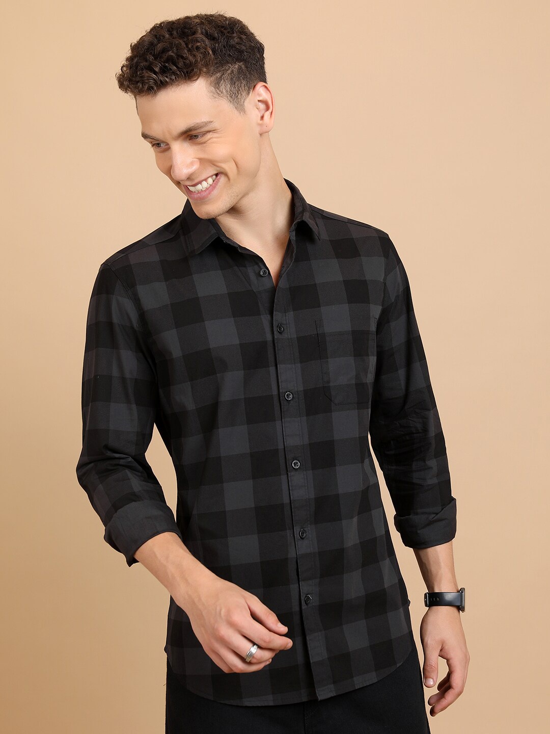 

HIGHLANDER Black Slim Fit Buffalo Checked Spread Collar Cotton Casual Shirt