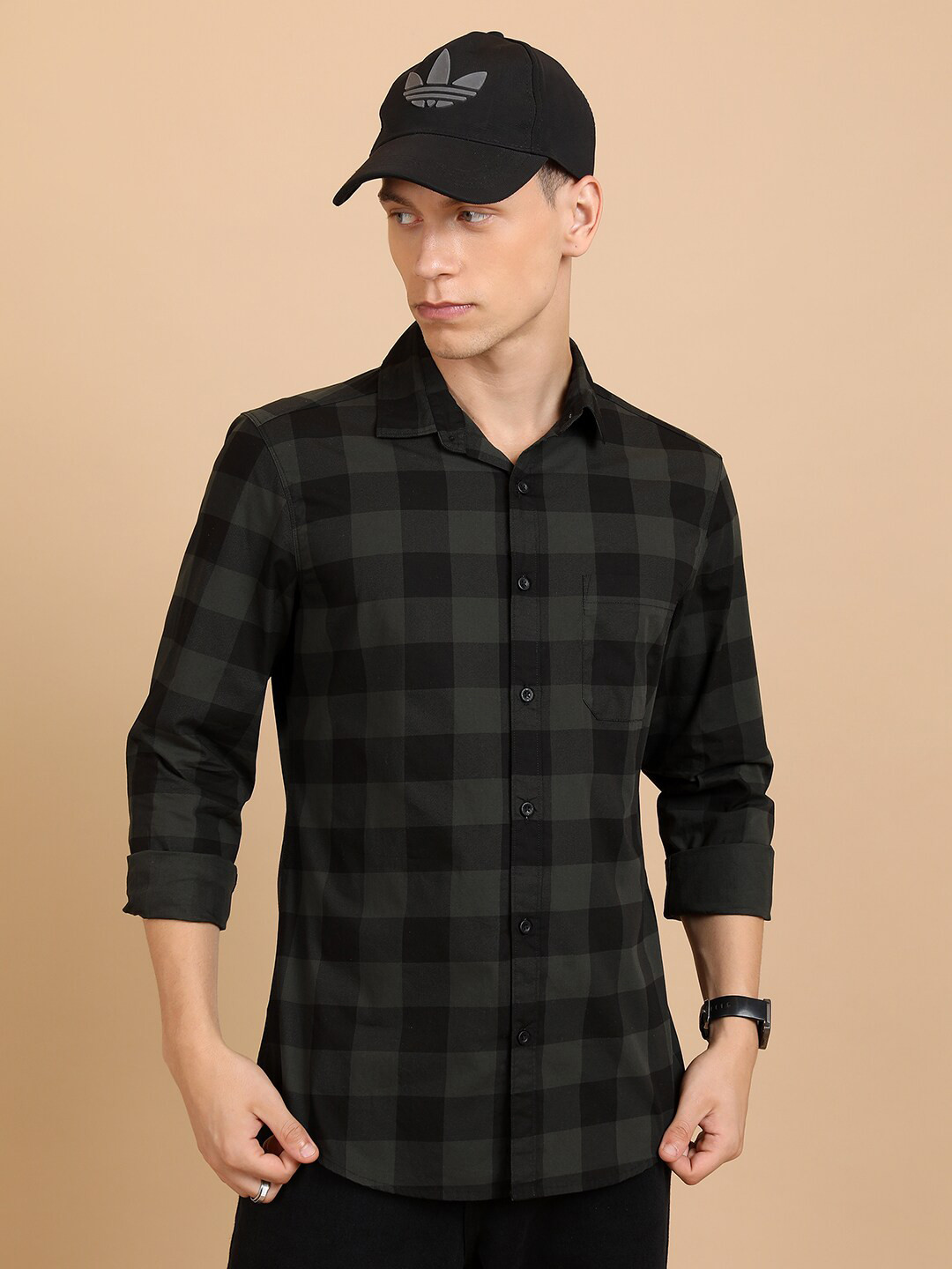 

HIGHLANDER Black Slim Fit Buffalo Checked Spread Collar Cotton Casual Shirt