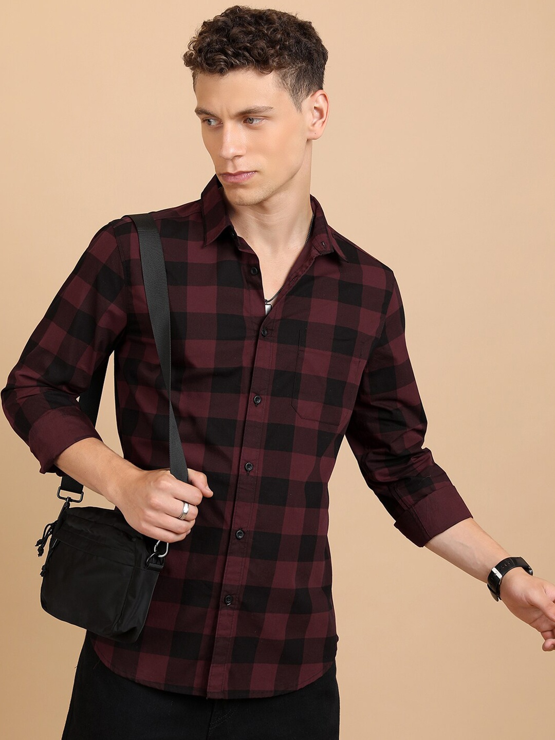 

HIGHLANDER Maroon Slim Fit Buffalo Checked Spread Collar Cotton Casual Shirt