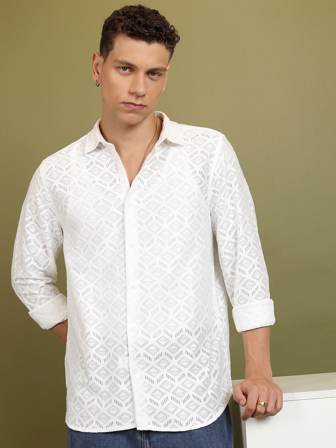 

HIGHLANDER Men Textured Crochet Relaxed Shirt, White