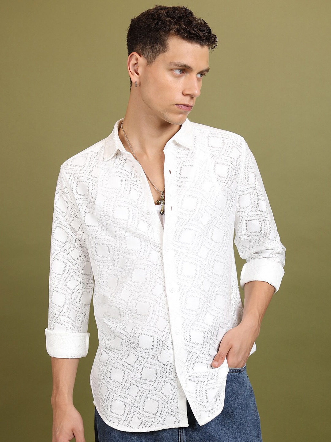 

HIGHLANDER Men Textured Crochet Relaxed Shirt, White