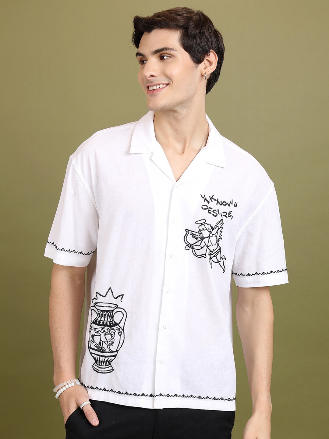 

HIGHLANDER Embrioderd Camp Collar Cotton Linen Oversized Casual Shirt, White